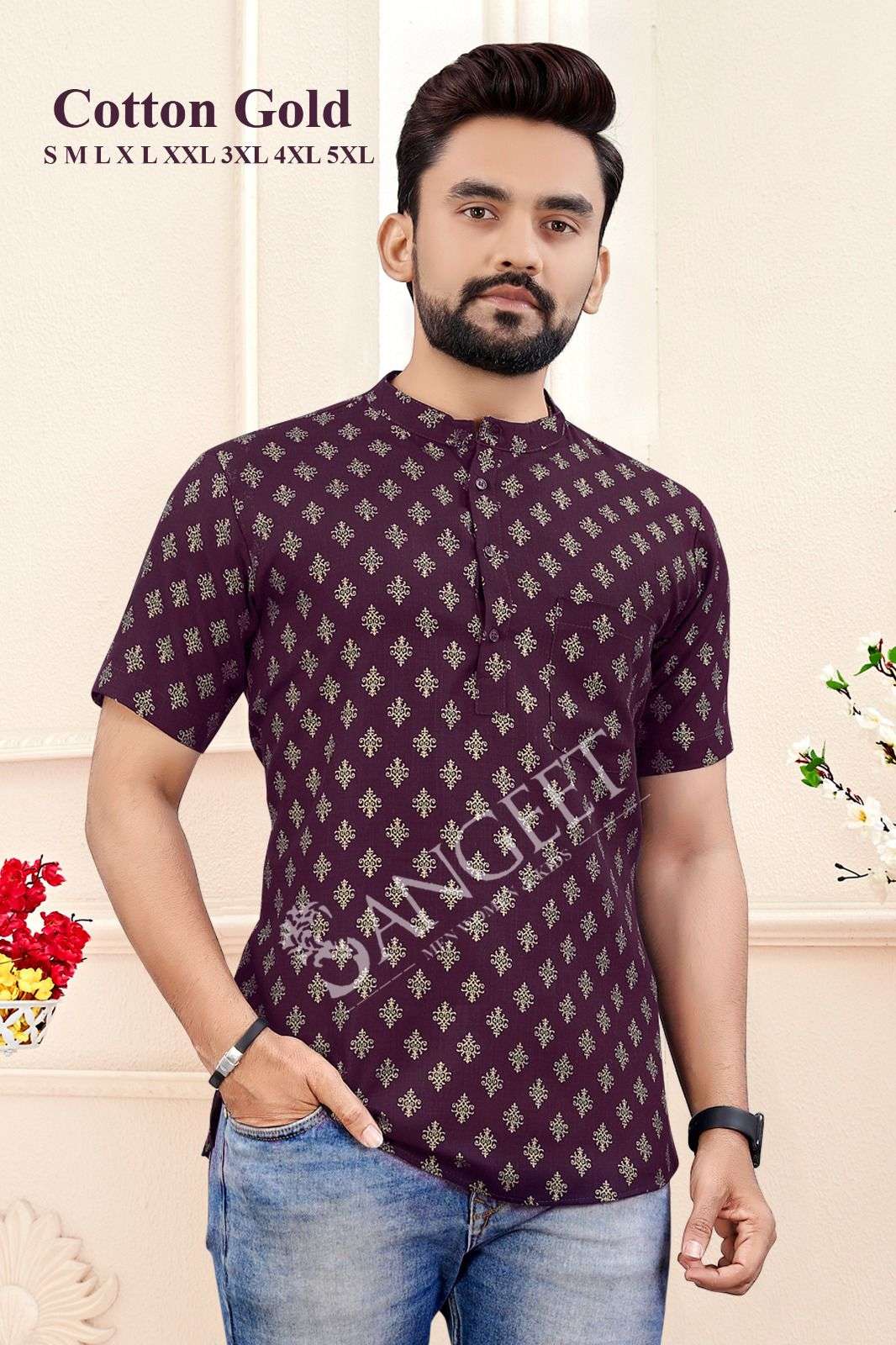 GOLD COTTON MENS SHORT KURTA Wholesale catalog