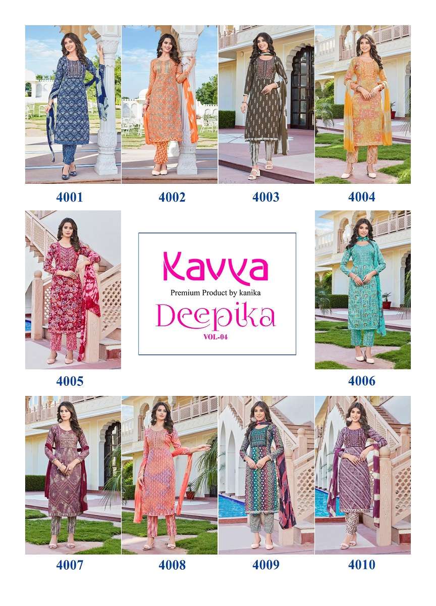 Kavya Deepika Vol-4 -Kurti Pant With Dupatta -Wholesale Catalog