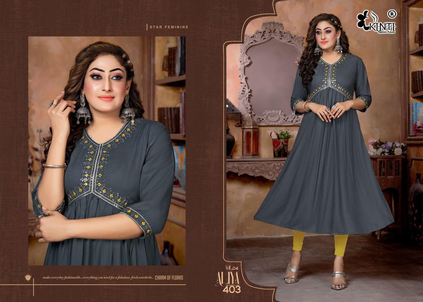 Kinti Aaliya 4 Embroidery Nayra Cut Kurti Wholesale catalog
