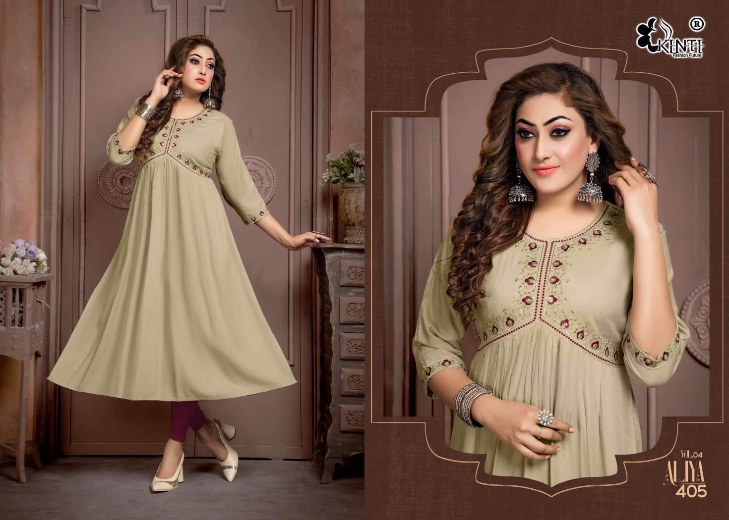 Kinti Aaliya 4 Embroidery Nayra Cut Kurti Wholesale catalog