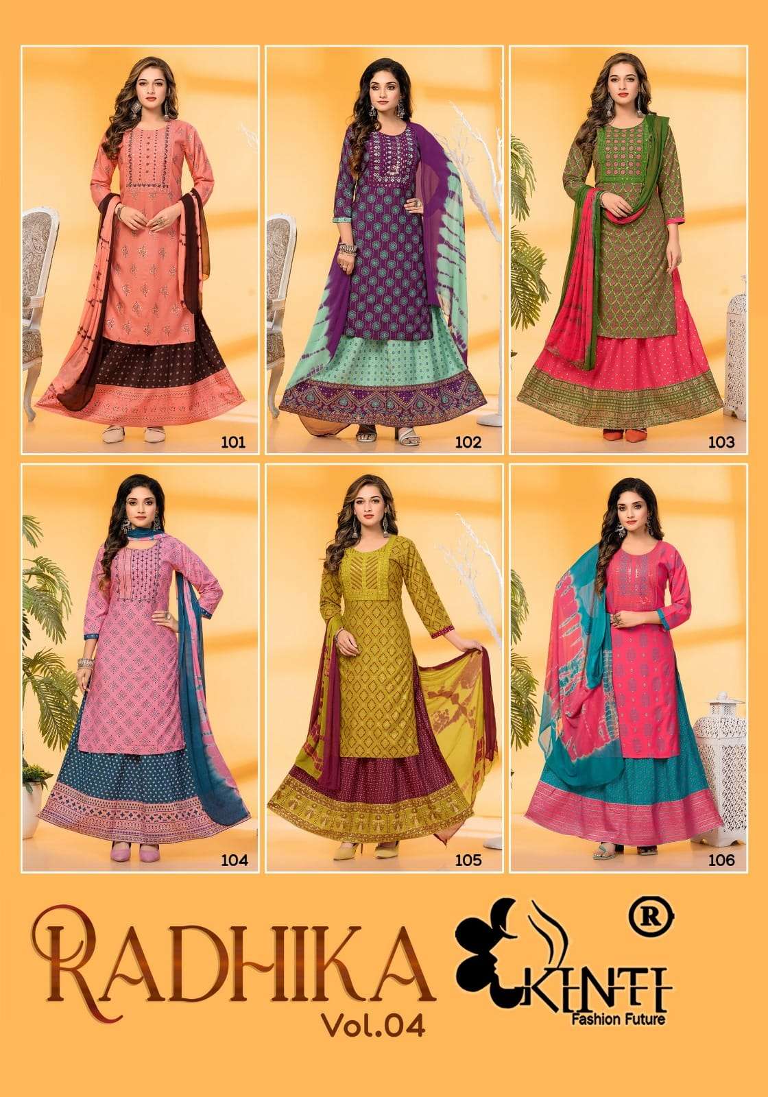 Kinti Radhika Vol 4 Heavy Rayon Kurti Skirt With Dupatta Wholesale catalog
