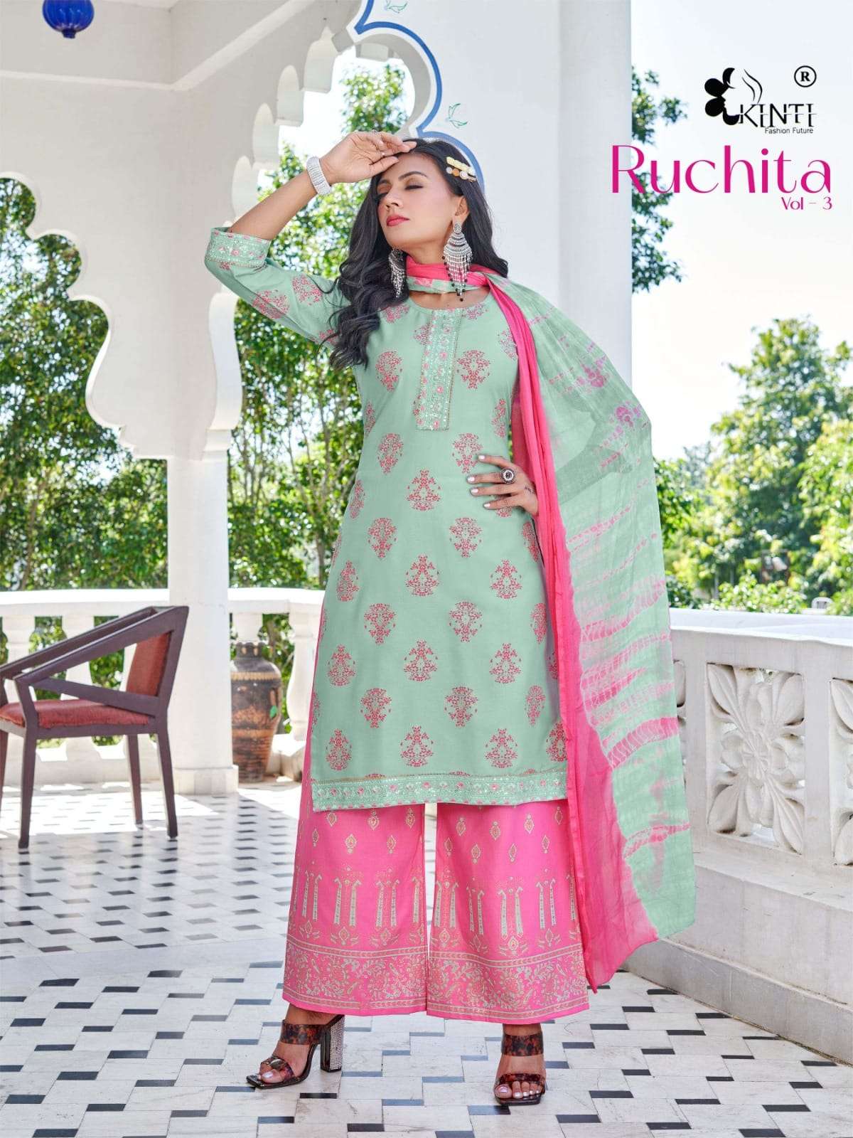 Kinti Ruchita Vol 3 Heavy Rayon Kurti Plazo With Dupatta Wholesale catalog