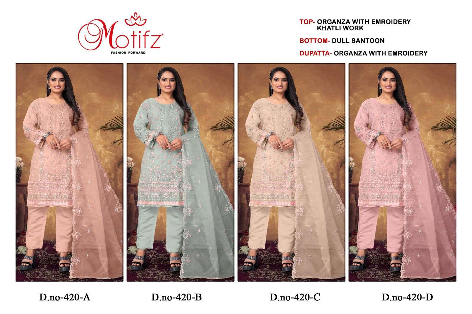 Motifz D -420 Organza with Embroidery khatli Salwar Kameez Wholesale catalog