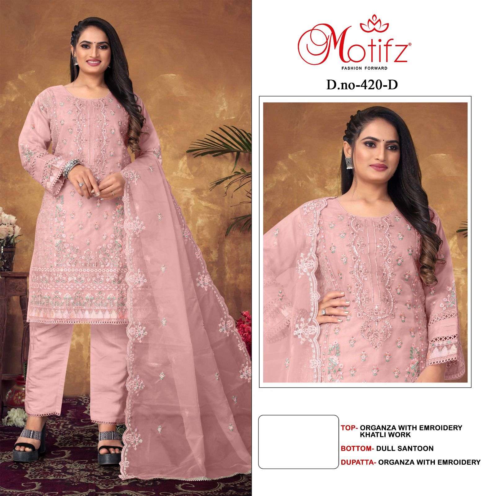 Motifz D -420 Organza with Embroidery khatli Salwar Kameez Wholesale catalog