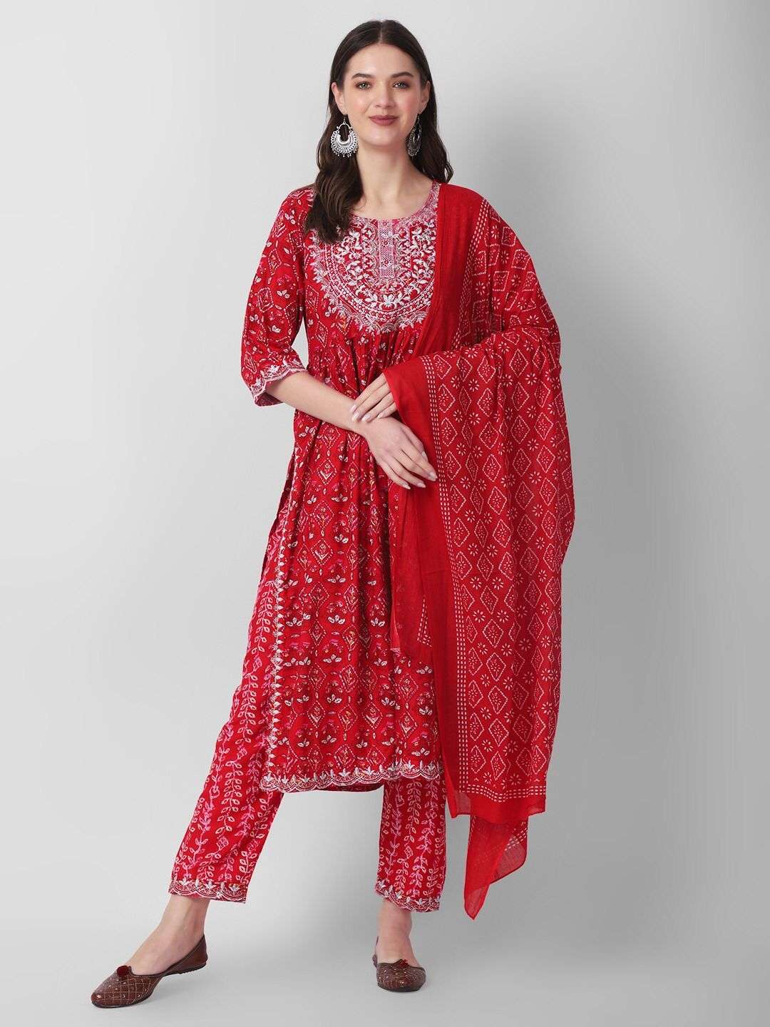 Red Naira Cut Printed Kurti Pant With Dupatta Wholesale catalog