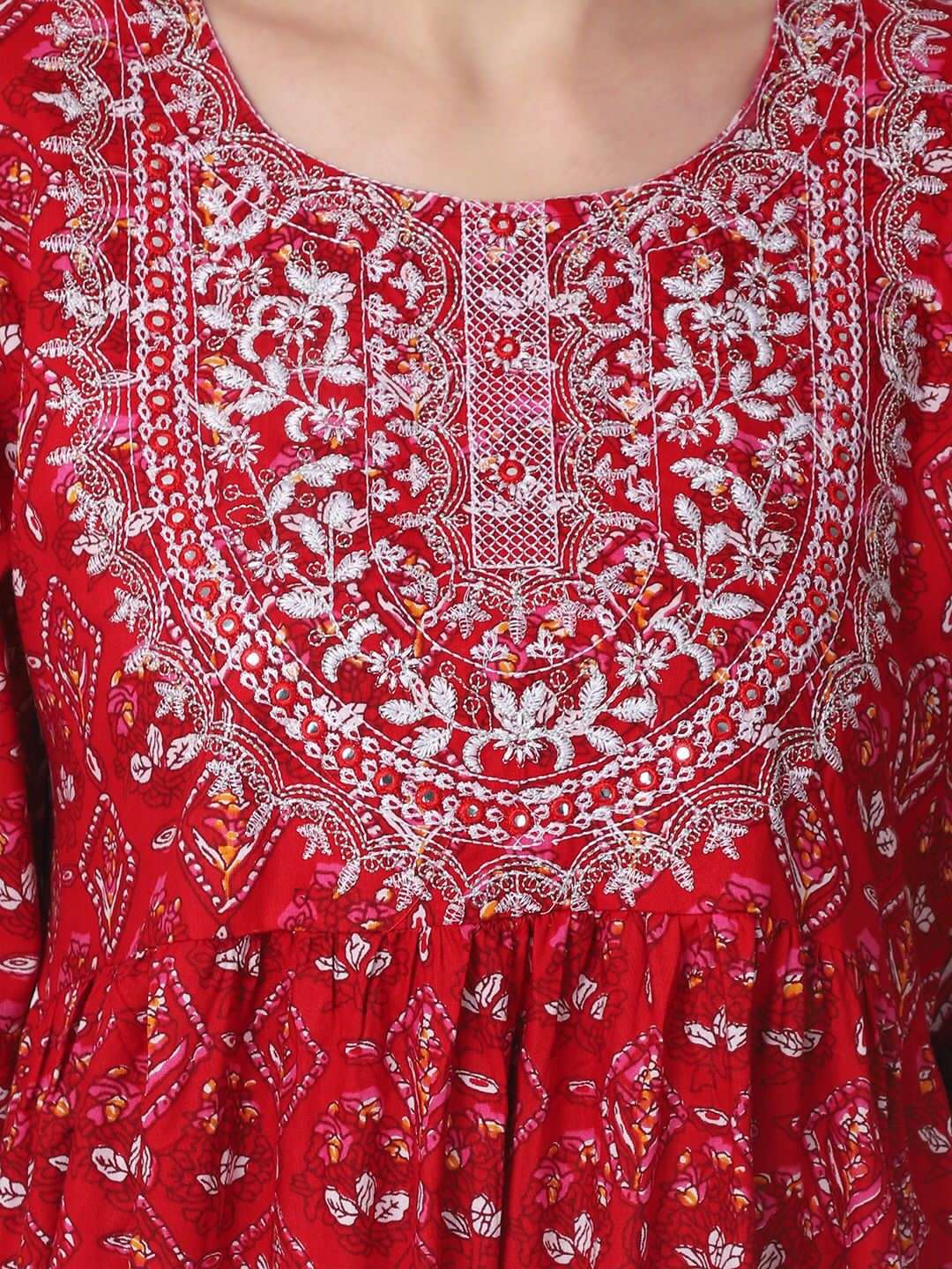 Red Naira Cut Printed Kurti Pant With Dupatta Wholesale catalog
