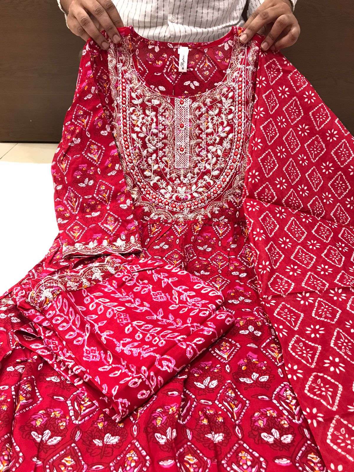 Red Naira Cut Printed Kurti Pant With Dupatta Wholesale catalog
