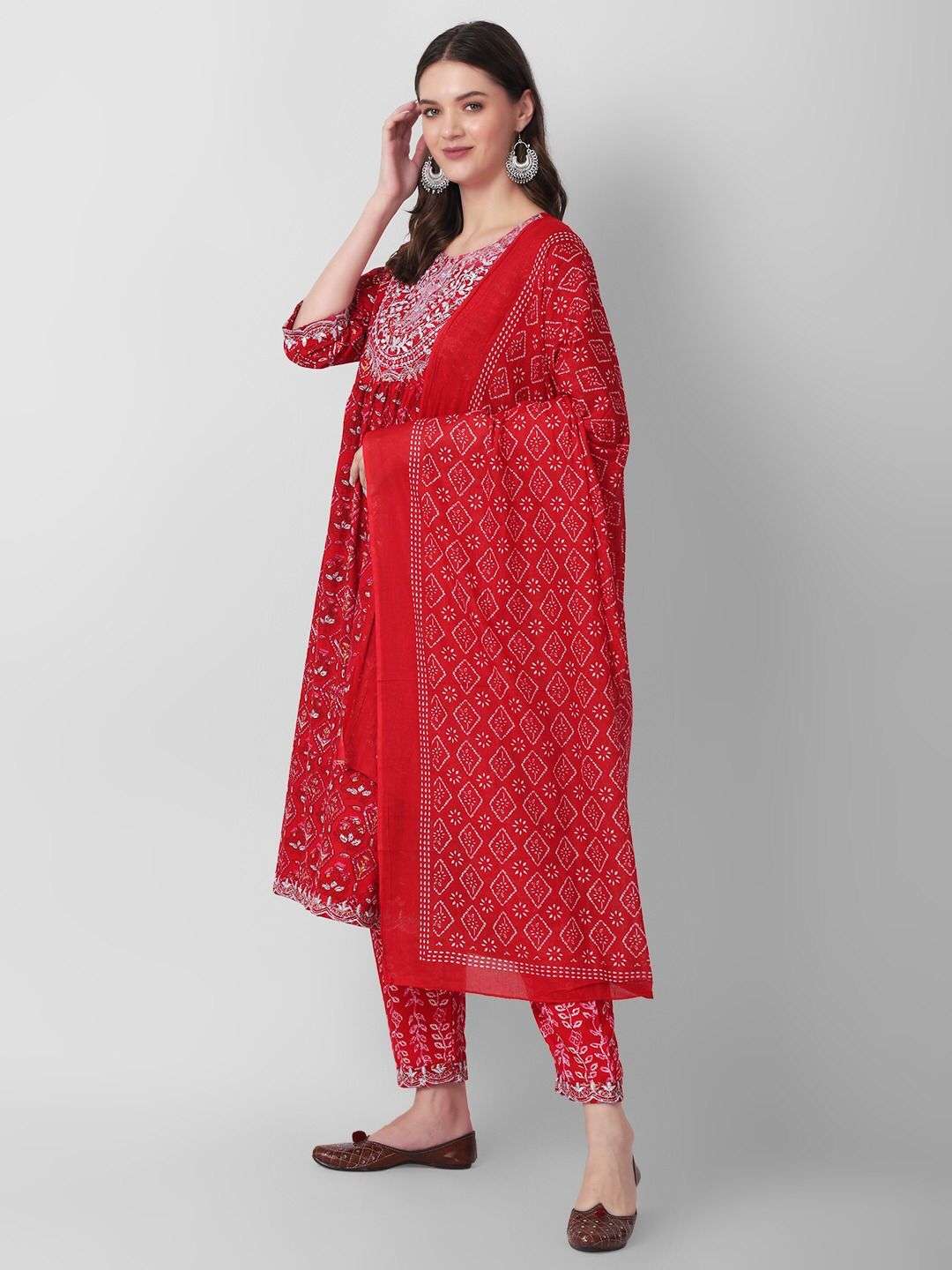 Red Naira Cut Printed Kurti Pant With Dupatta Wholesale catalog
