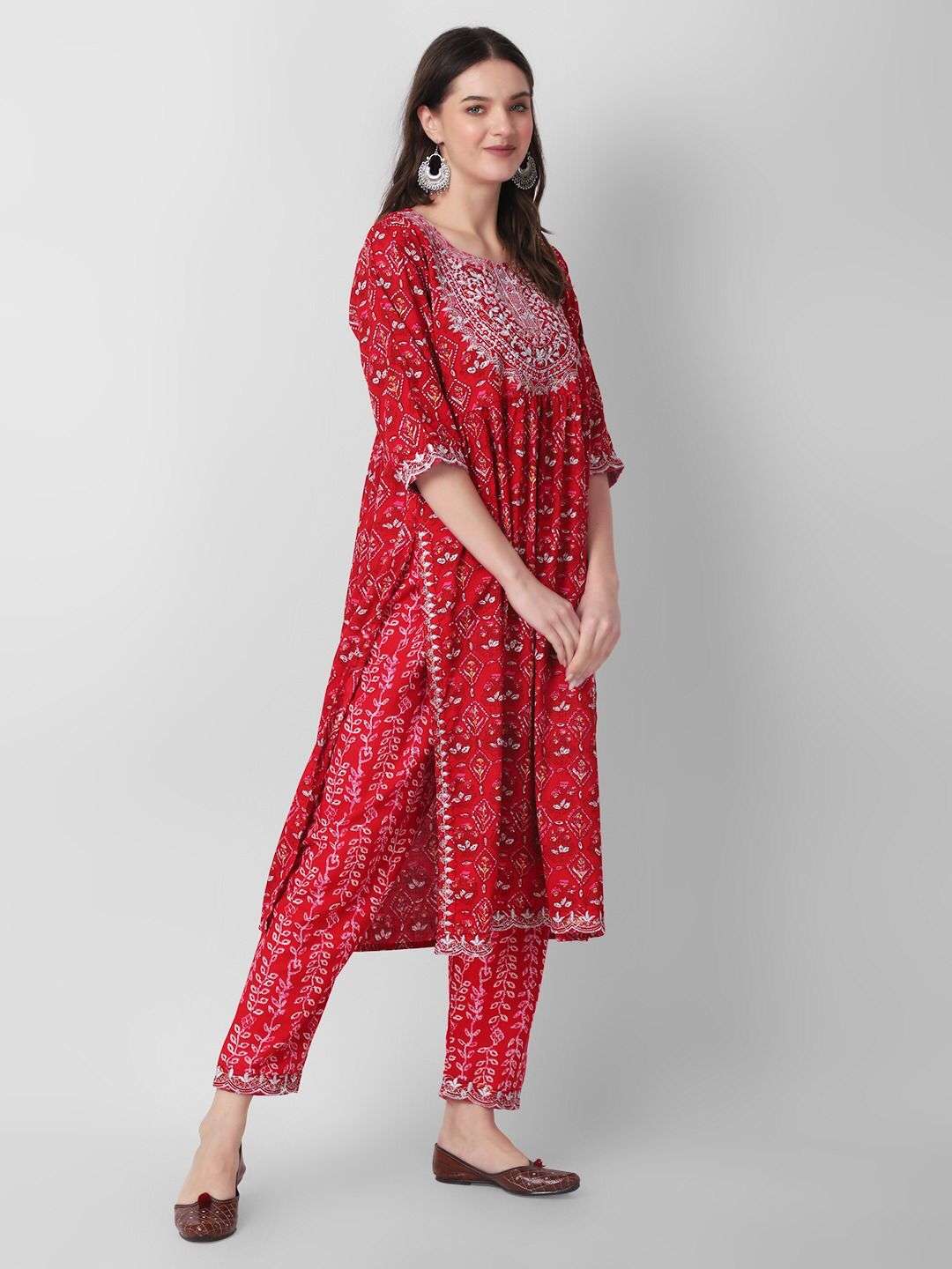 Red Naira Cut Printed Kurti Pant With Dupatta Wholesale catalog