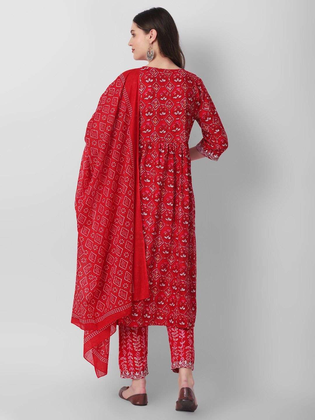Red Naira Cut Printed Kurti Pant With Dupatta Wholesale catalog