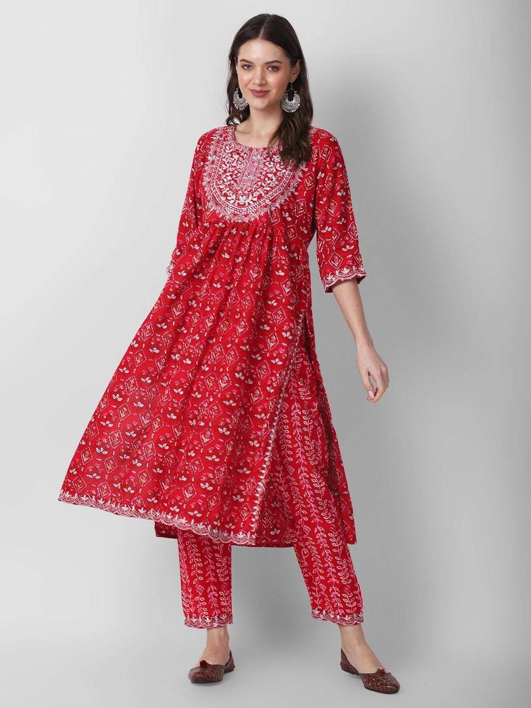 Red Naira Cut Printed Kurti Pant With Dupatta Wholesale catalog