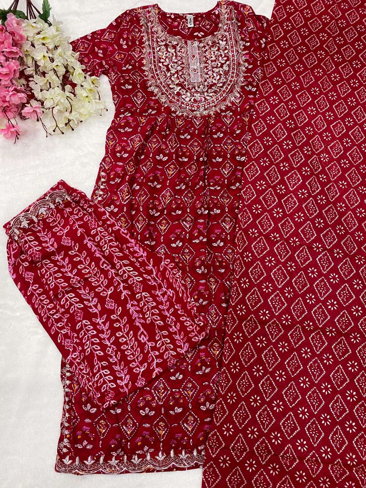 Red Naira Cut Printed Kurti Pant With Dupatta Wholesale catalog
