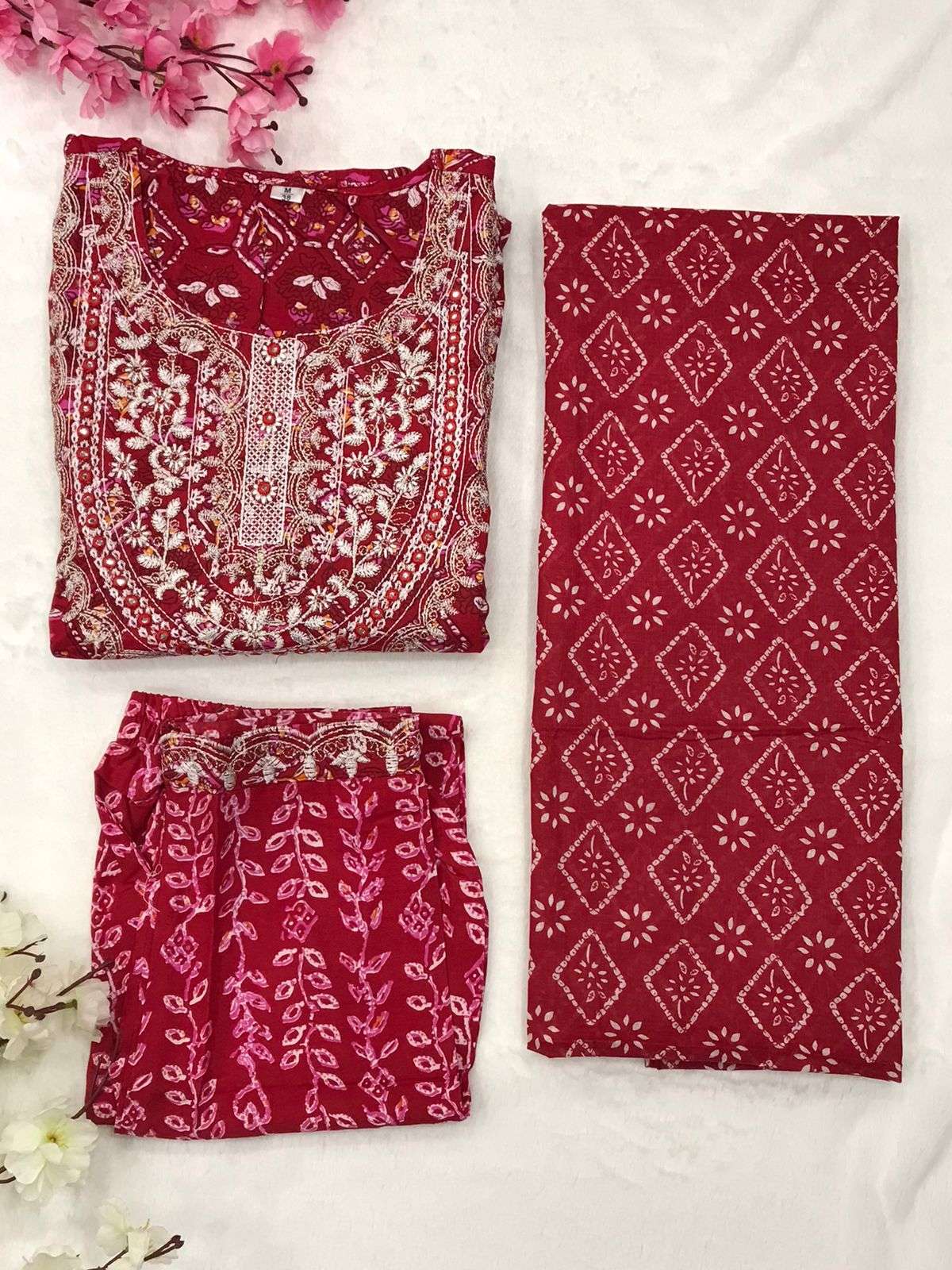 Red Naira Cut Printed Kurti Pant With Dupatta Wholesale catalog