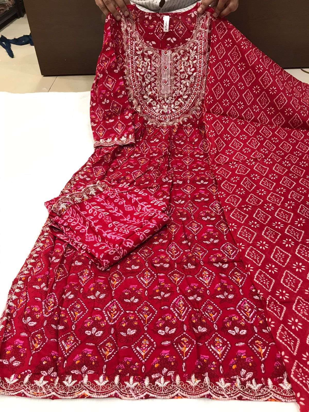 Red Naira Cut Printed Kurti Pant With Dupatta Wholesale catalog