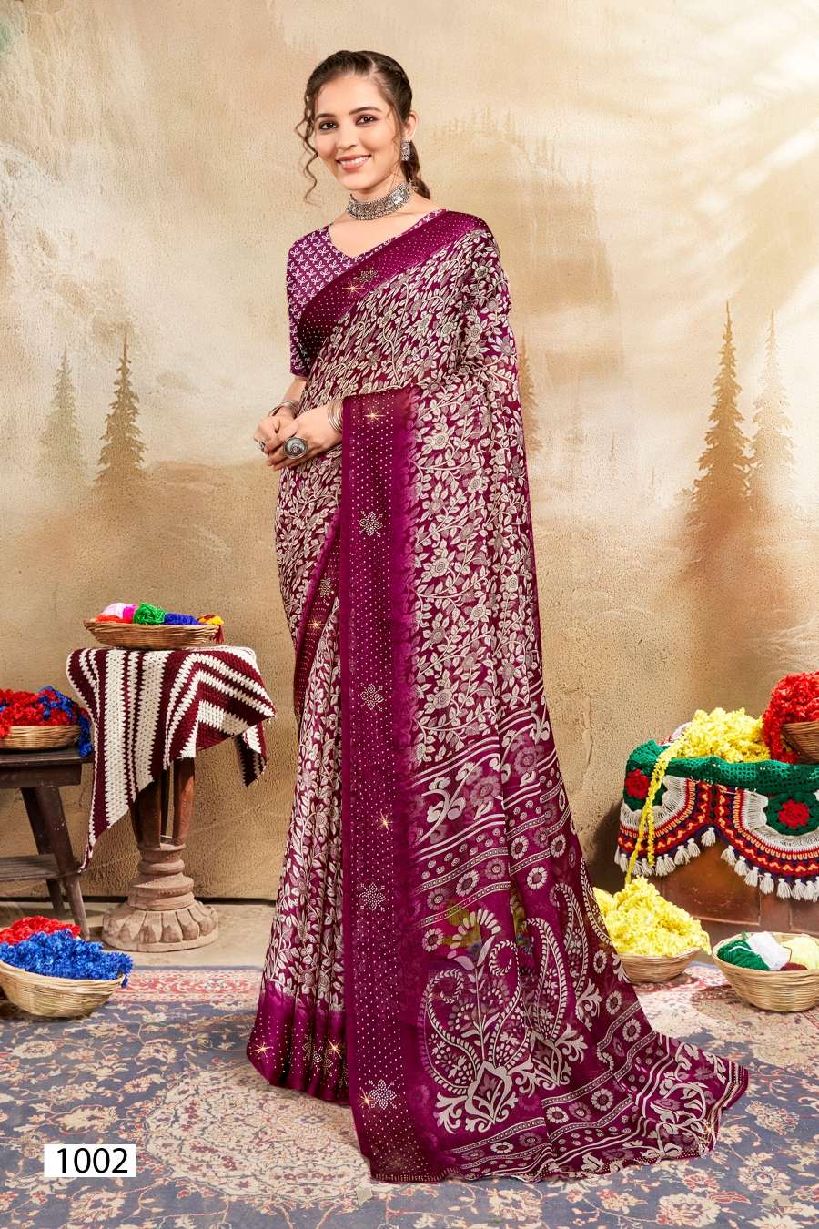 Saroj Jullie Vol 1 Printed Moss Chiffon Saree Wholesale catalog