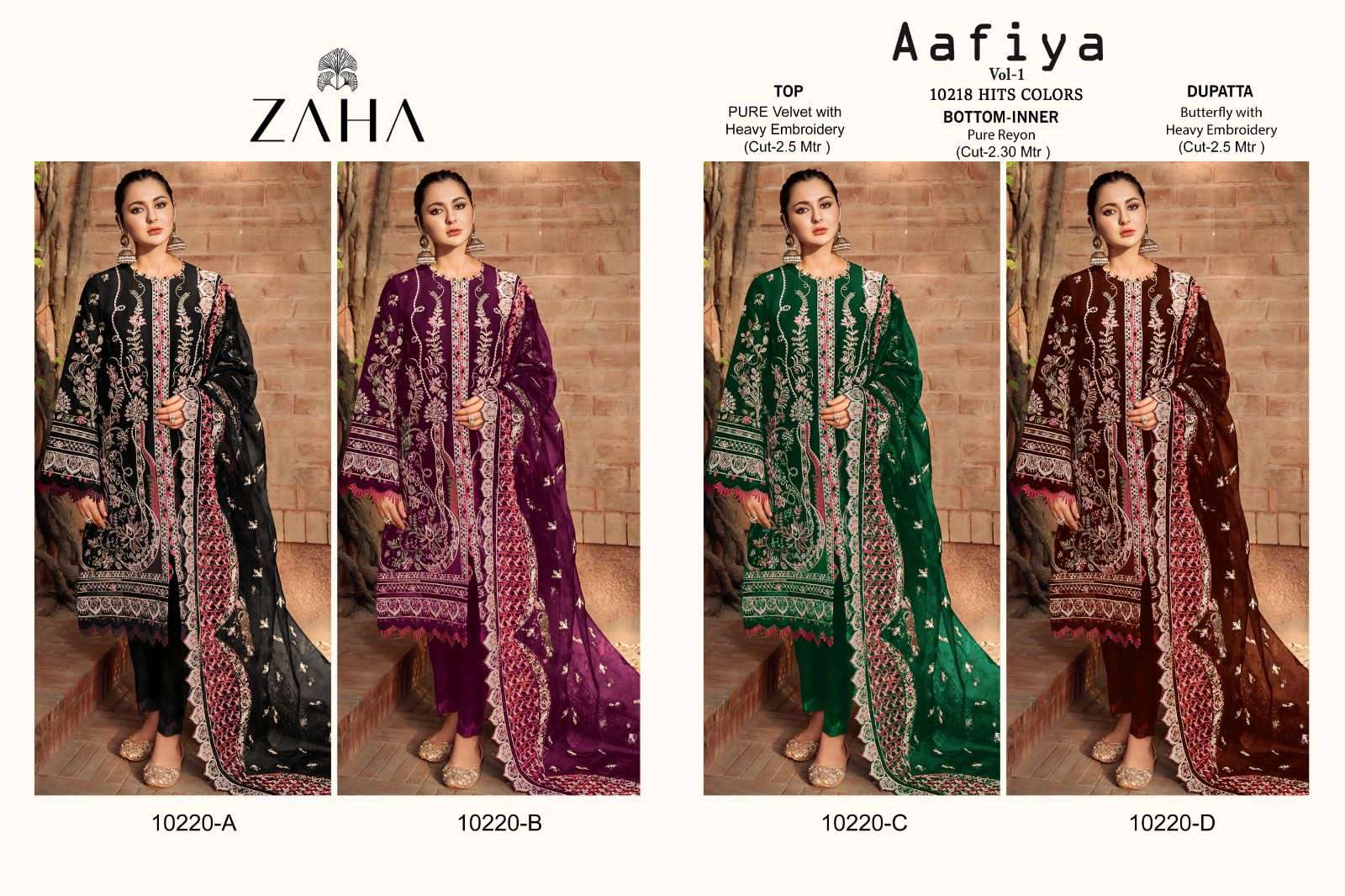 Zaha Aafiya Vol 10220 A To D Velvel Pakistani Salwar Suits Wholesale catalog