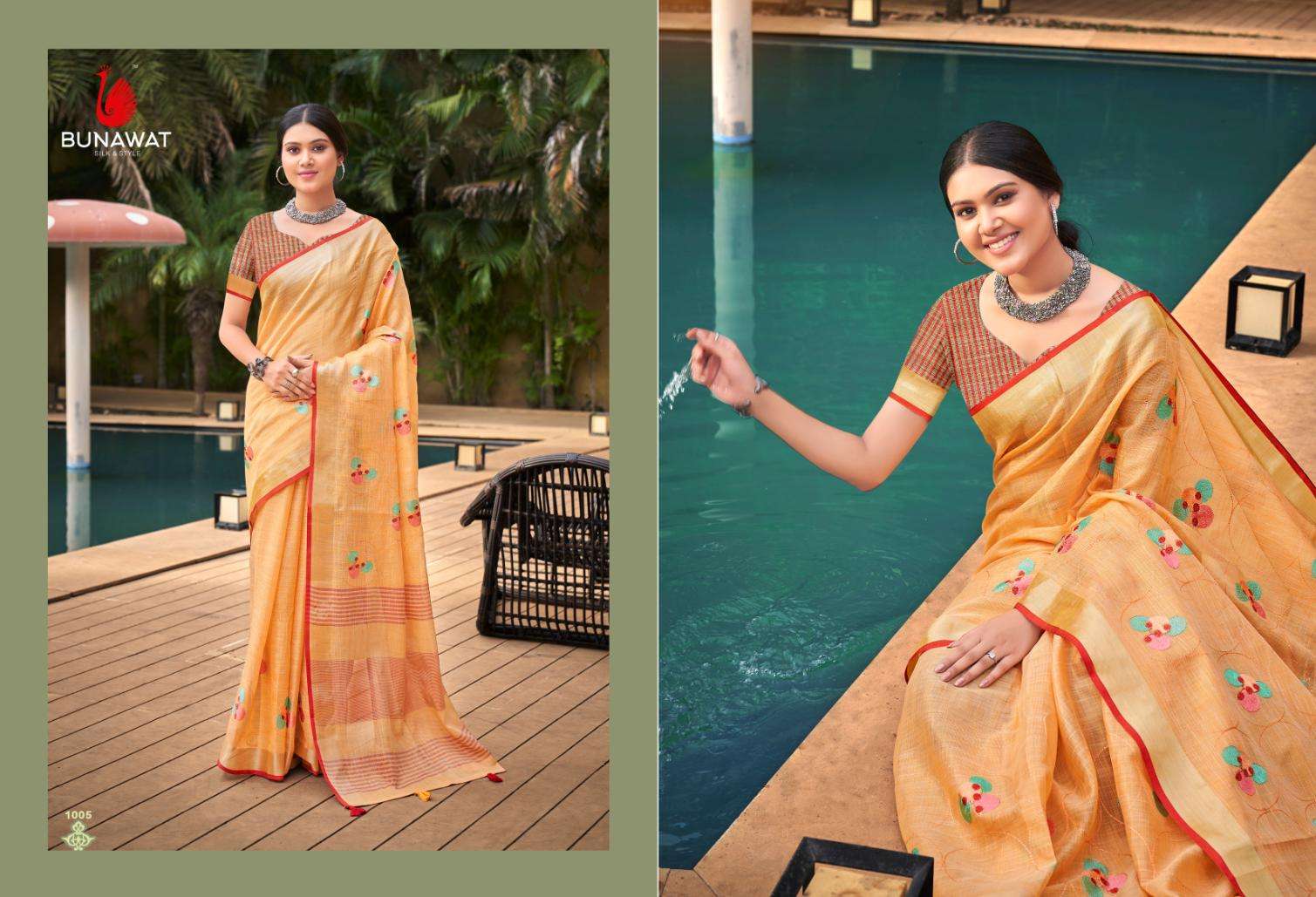 Bunawat Linen Fashion Fancy Linen Embroidery Saree Wholesale catalog