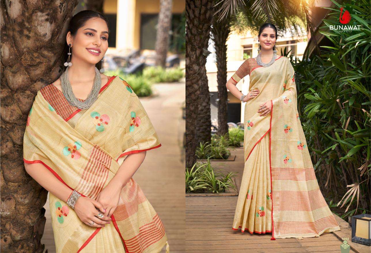 Bunawat Linen Fashion Fancy Linen Embroidery Saree Wholesale catalog