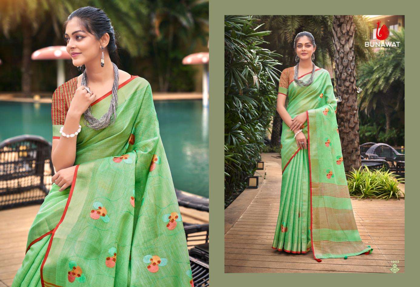 Bunawat Linen Fashion Fancy Linen Embroidery Saree Wholesale catalog