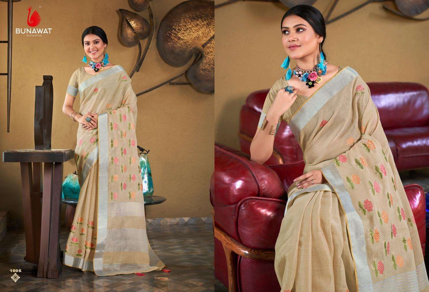 BUNAWAT LINEN QUEEN Embroidery Work Saree Wholesale catalog