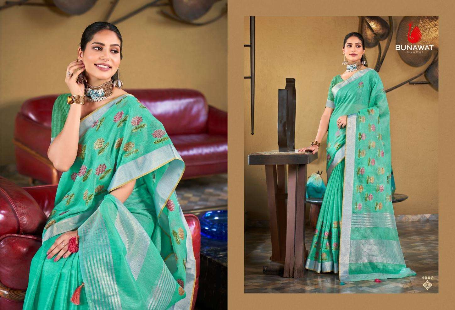 BUNAWAT LINEN QUEEN Embroidery Work Saree Wholesale catalog