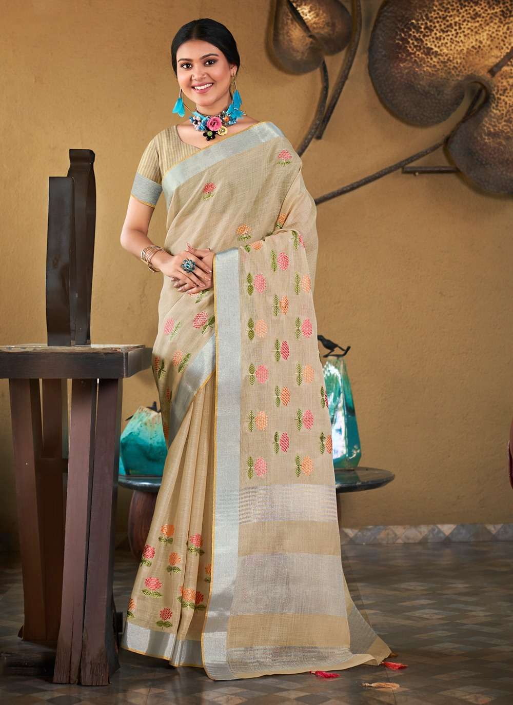 BUNAWAT LINEN QUEEN Embroidery Work Saree Wholesale catalog