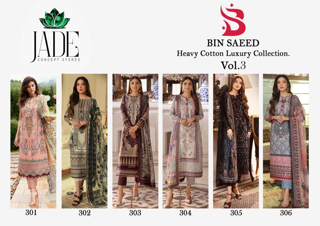 Jade Bin Saeed Vol 3 Heavy Cotton Luxury Dress Material Wholesale catalog