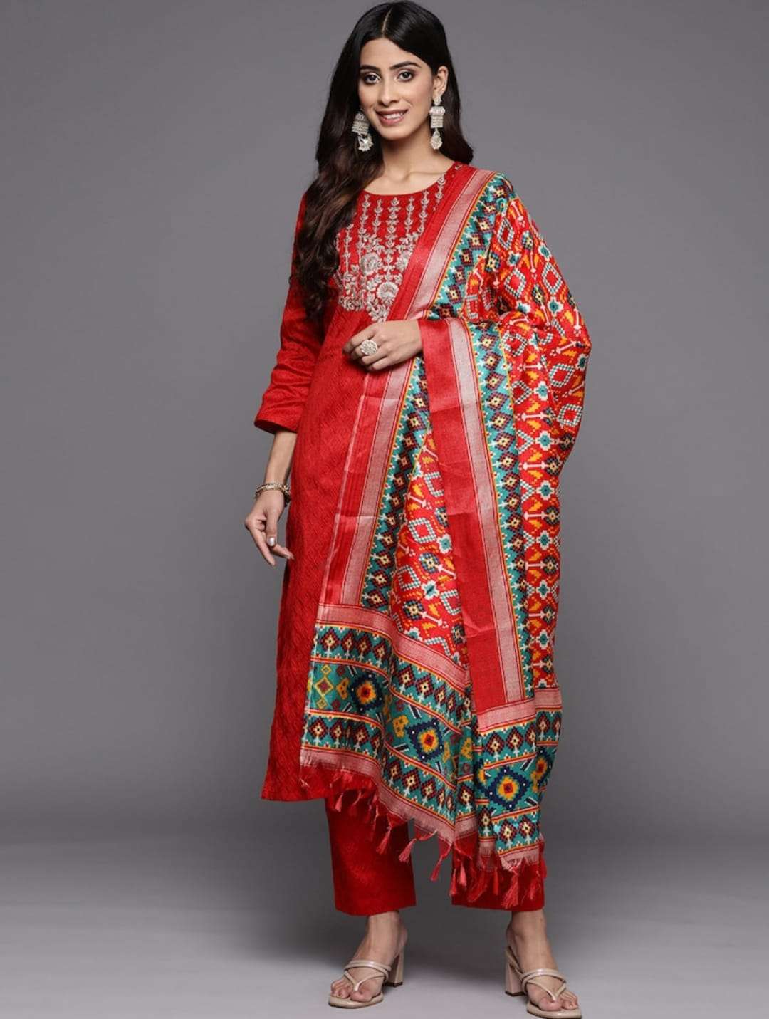 Kalgi Red Viscose Kurti Pant Dupatta Wholesale catalog