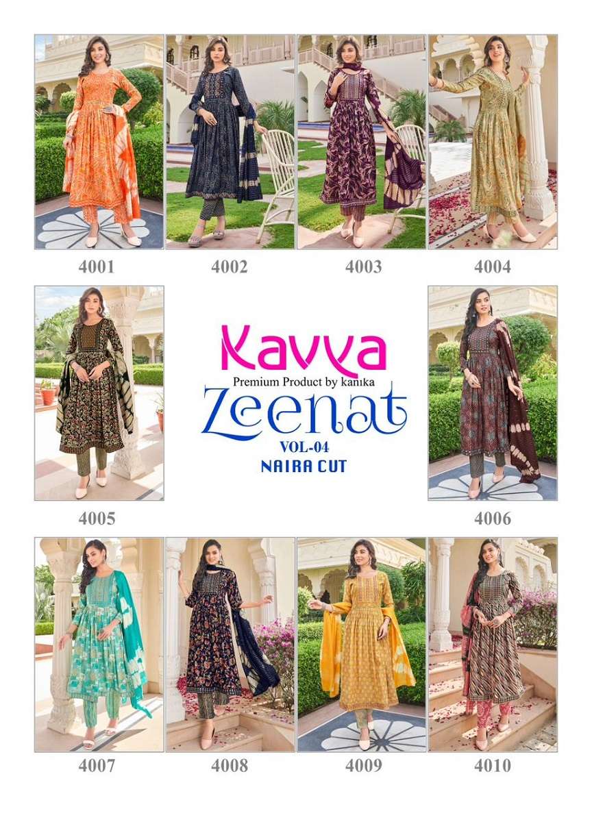 Kavya Zeenat Vol-4 Kurti Pant Dupatta -Wholesale Catalog