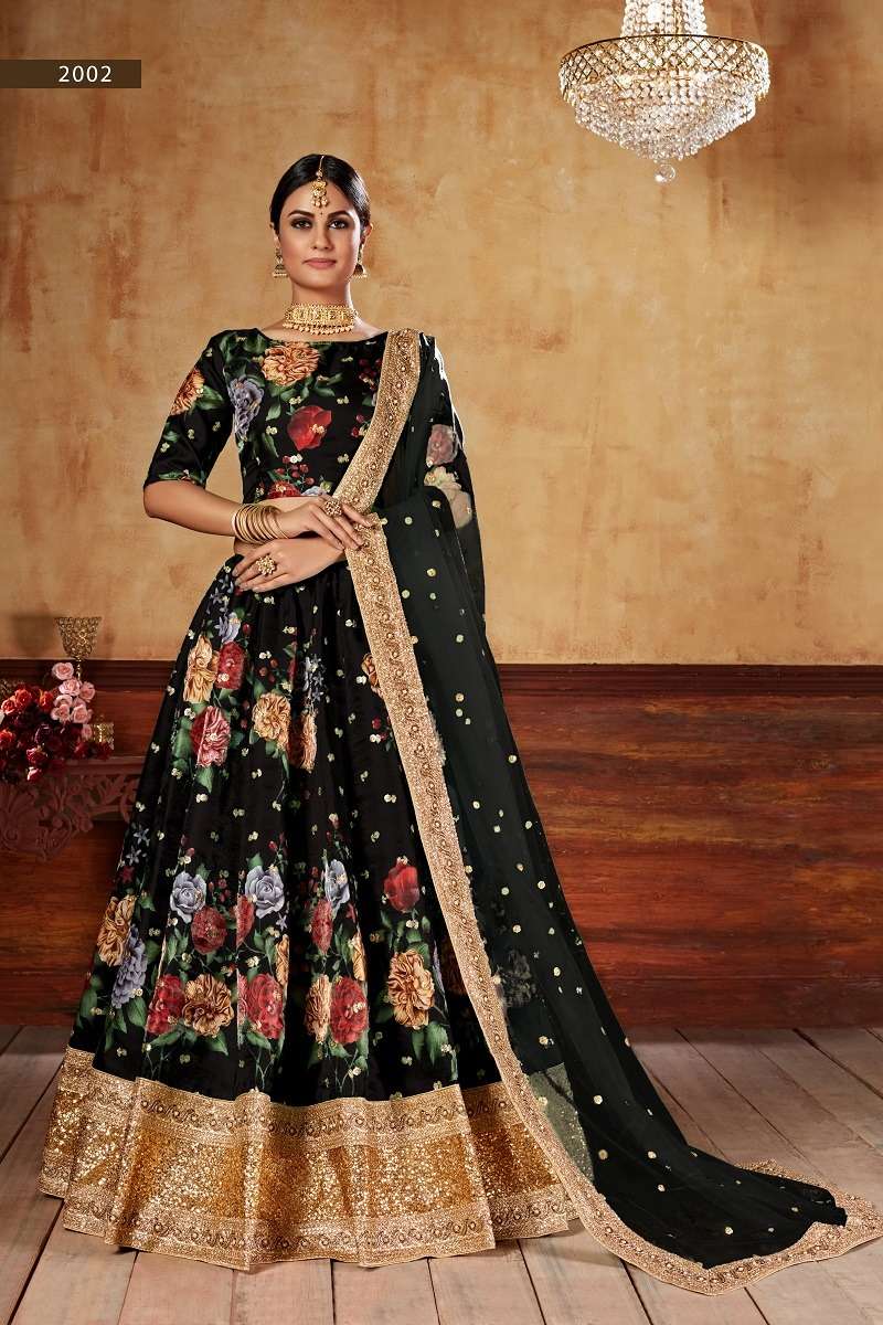 LISHVAA VOL-1 BLACK  WEDDING SEASON SPECIAL FLOWER PRINTED LEHNAGA CHOLI Wholesale catalog
