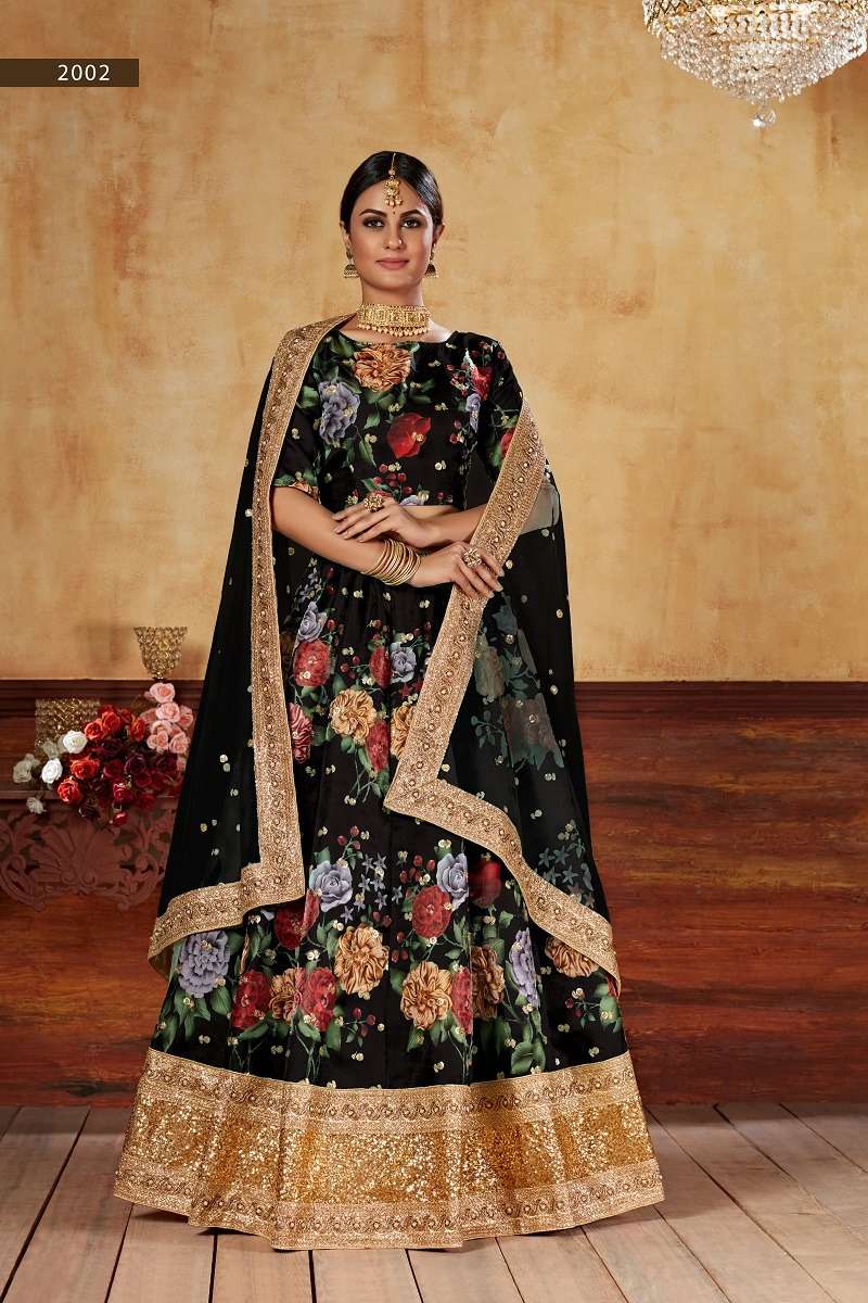 LISHVAA VOL-1 BLACK  WEDDING SEASON SPECIAL FLOWER PRINTED LEHNAGA CHOLI Wholesale catalog