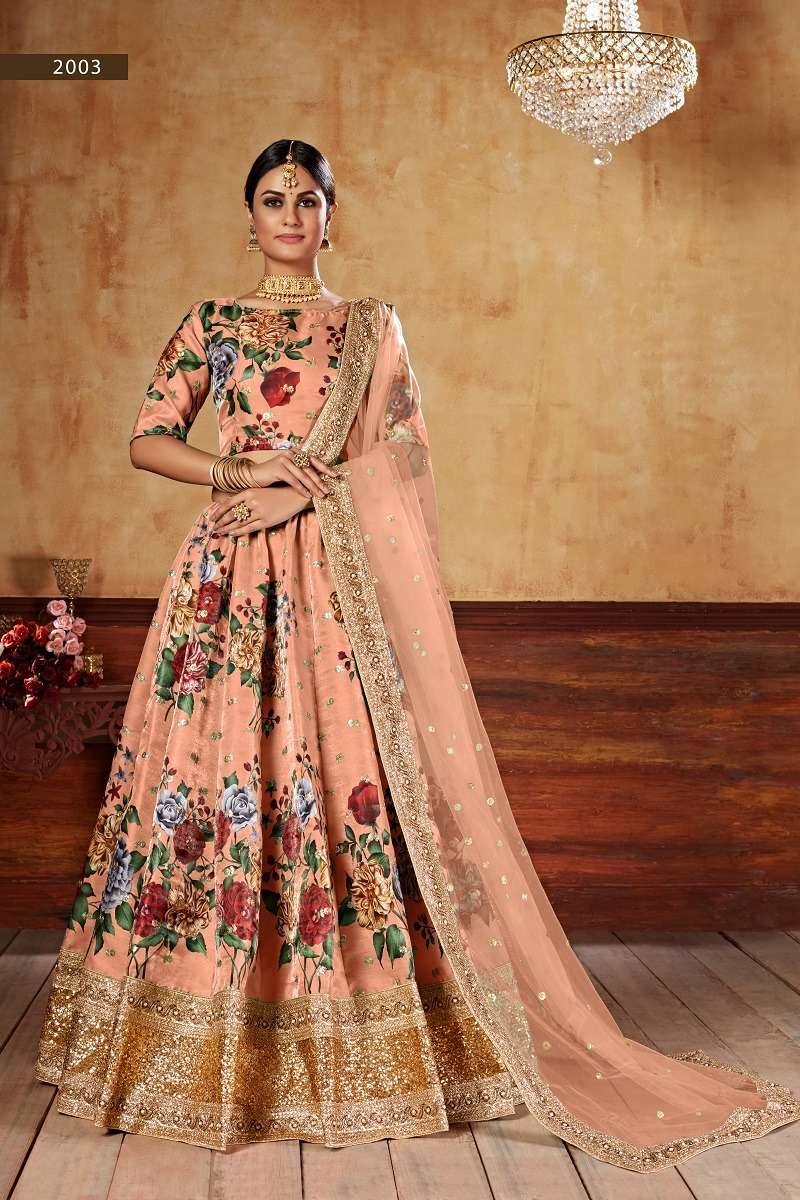 LISHVAA VOL-1 ORANGE  WEDDING SEASON SPECIAL FLOWER PRINTED LEHNAGA CHOLI Wholesale catalog