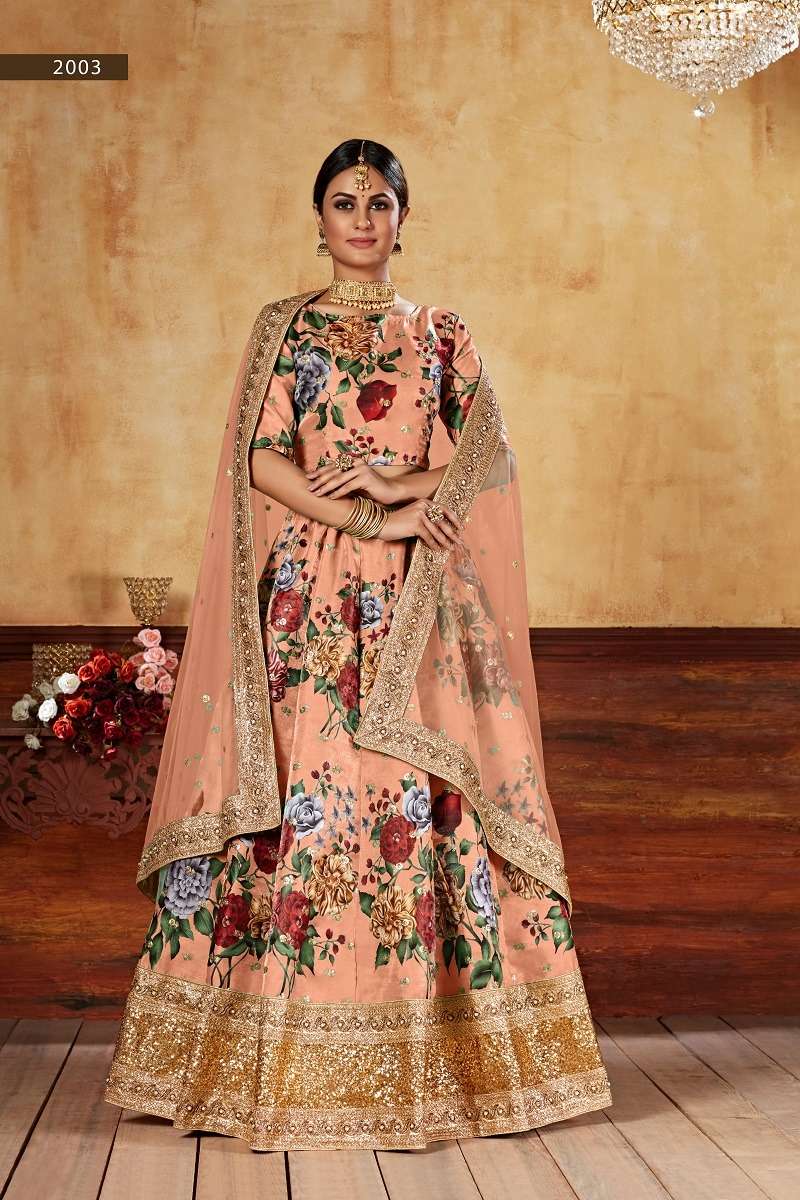 LISHVAA VOL-1 ORANGE  WEDDING SEASON SPECIAL FLOWER PRINTED LEHNAGA CHOLI Wholesale catalog
