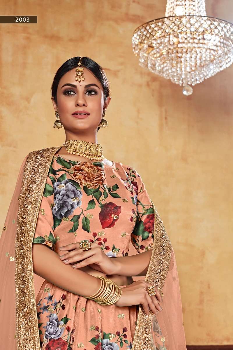 LISHVAA VOL-1 ORANGE  WEDDING SEASON SPECIAL FLOWER PRINTED LEHNAGA CHOLI Wholesale catalog