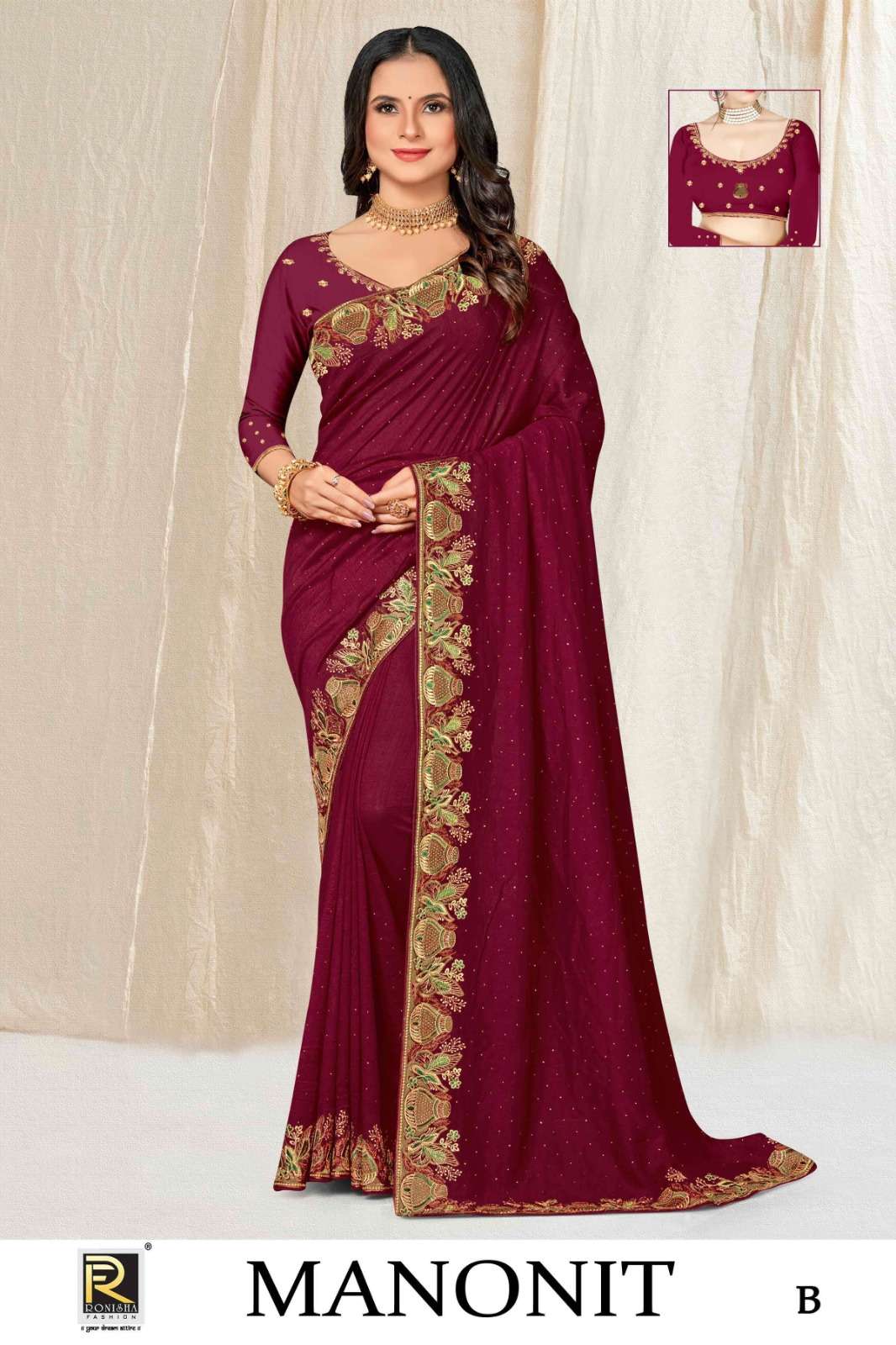 Ronisha Manonit Embroidered Siroski Diamond Work Saree Wholesale catalog
