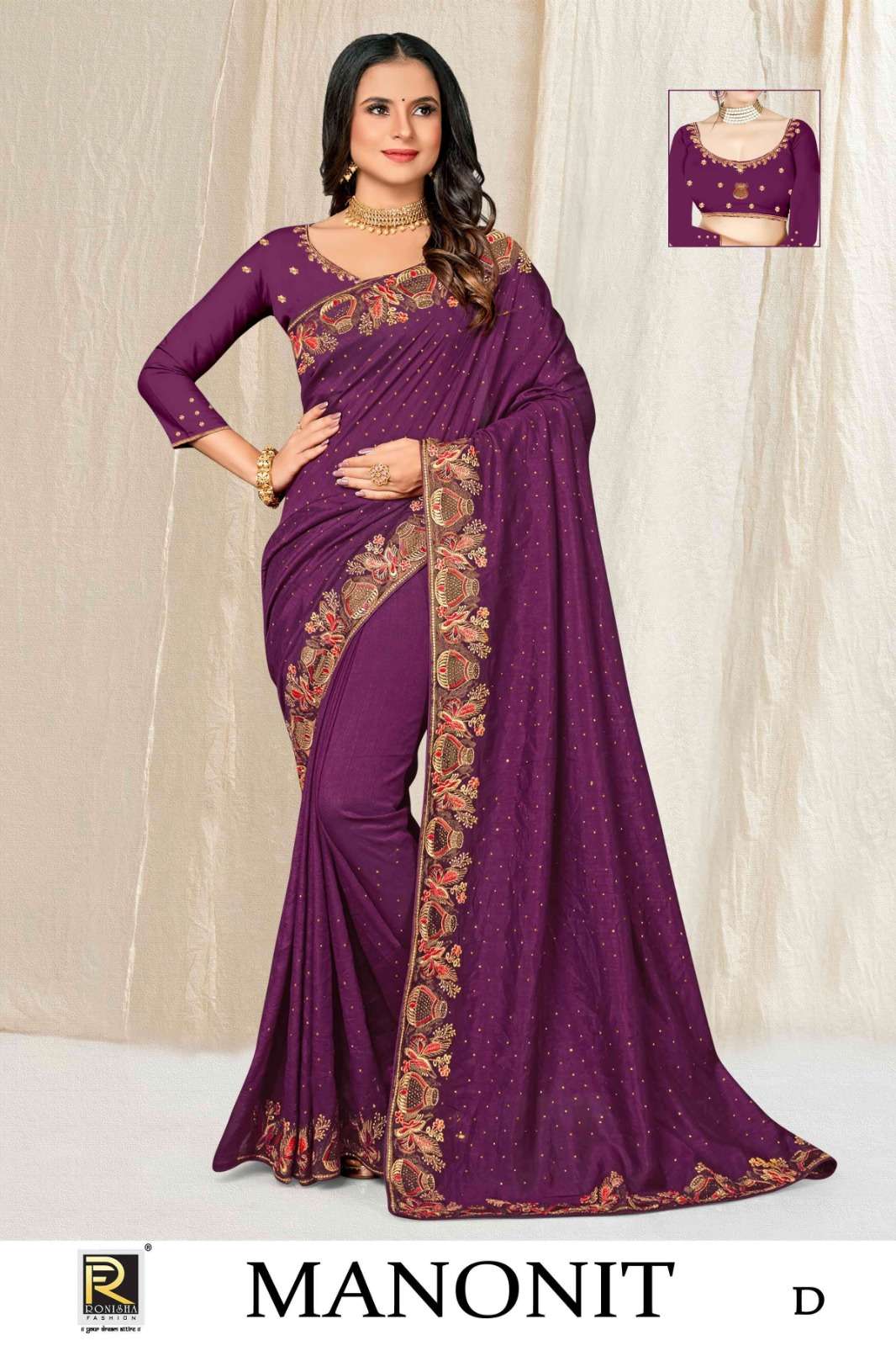 Ronisha Manonit Embroidered Siroski Diamond Work Saree Wholesale catalog