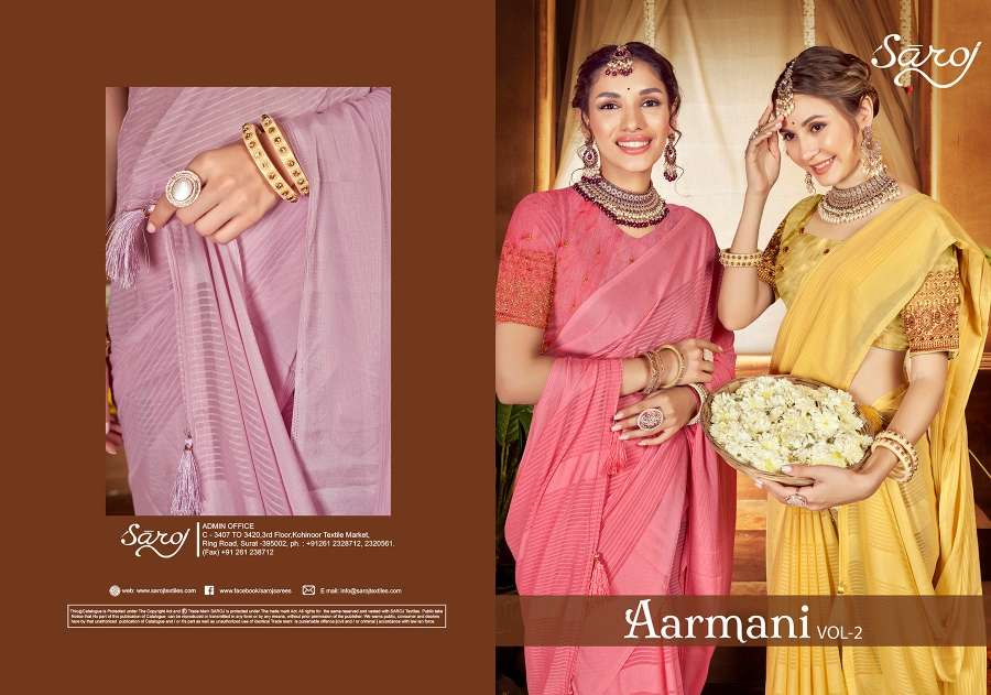 Saroj Aarmani Vol - 2 Designer Fancy Fabric Saree Wholesale catalog