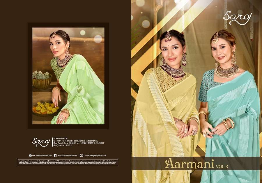  Saroj Aarmani Vol - 3 Designer Fancy Fabric Saree Wholesale catalog
