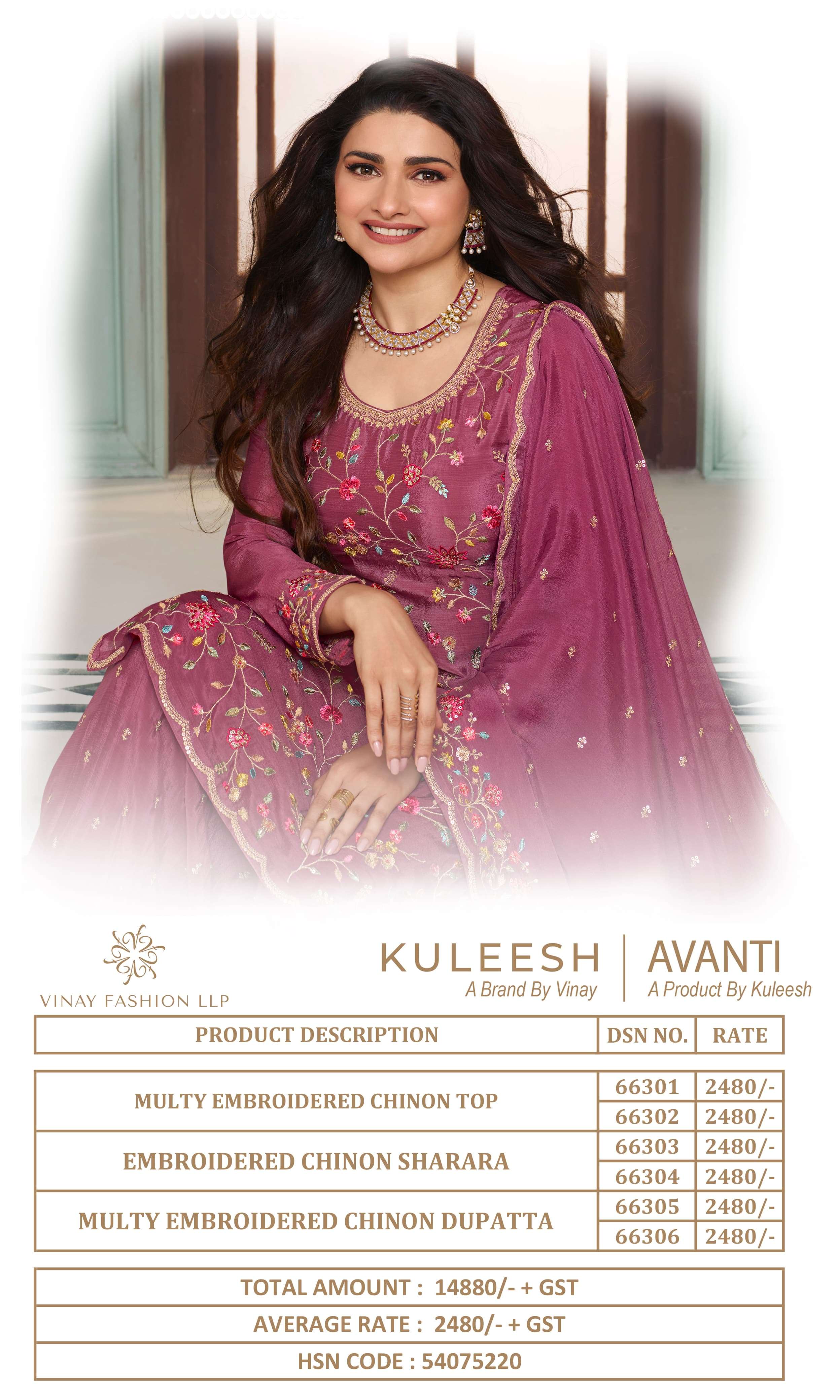 Vinay Kuleesh Avanti Embroidery Chinon Salwar Kameez Wholesale catalog