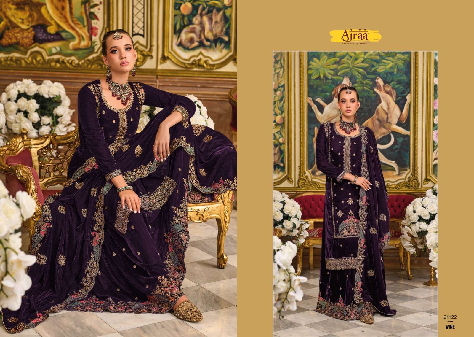 Ajraa Morni Velvet Pashmina Salwar Kameez Wholesale catalog