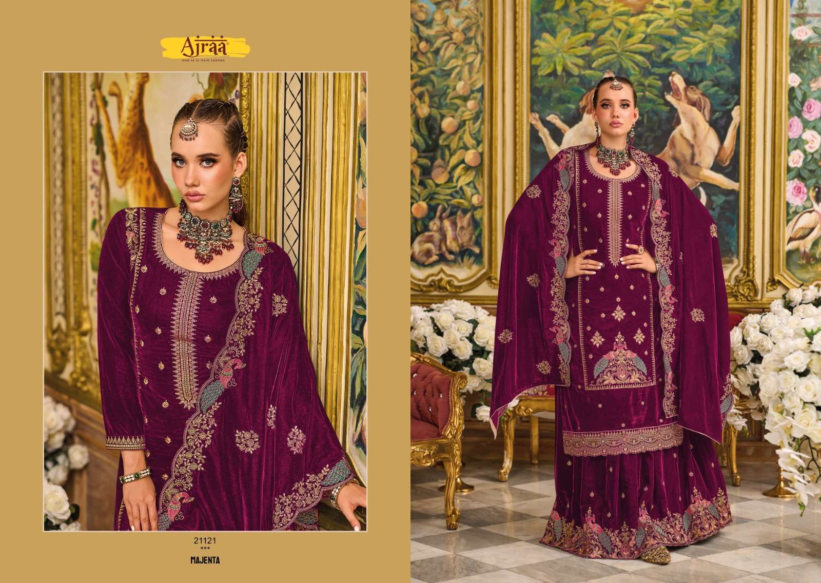 Ajraa Morni Velvet Pashmina Salwar Kameez Wholesale catalog