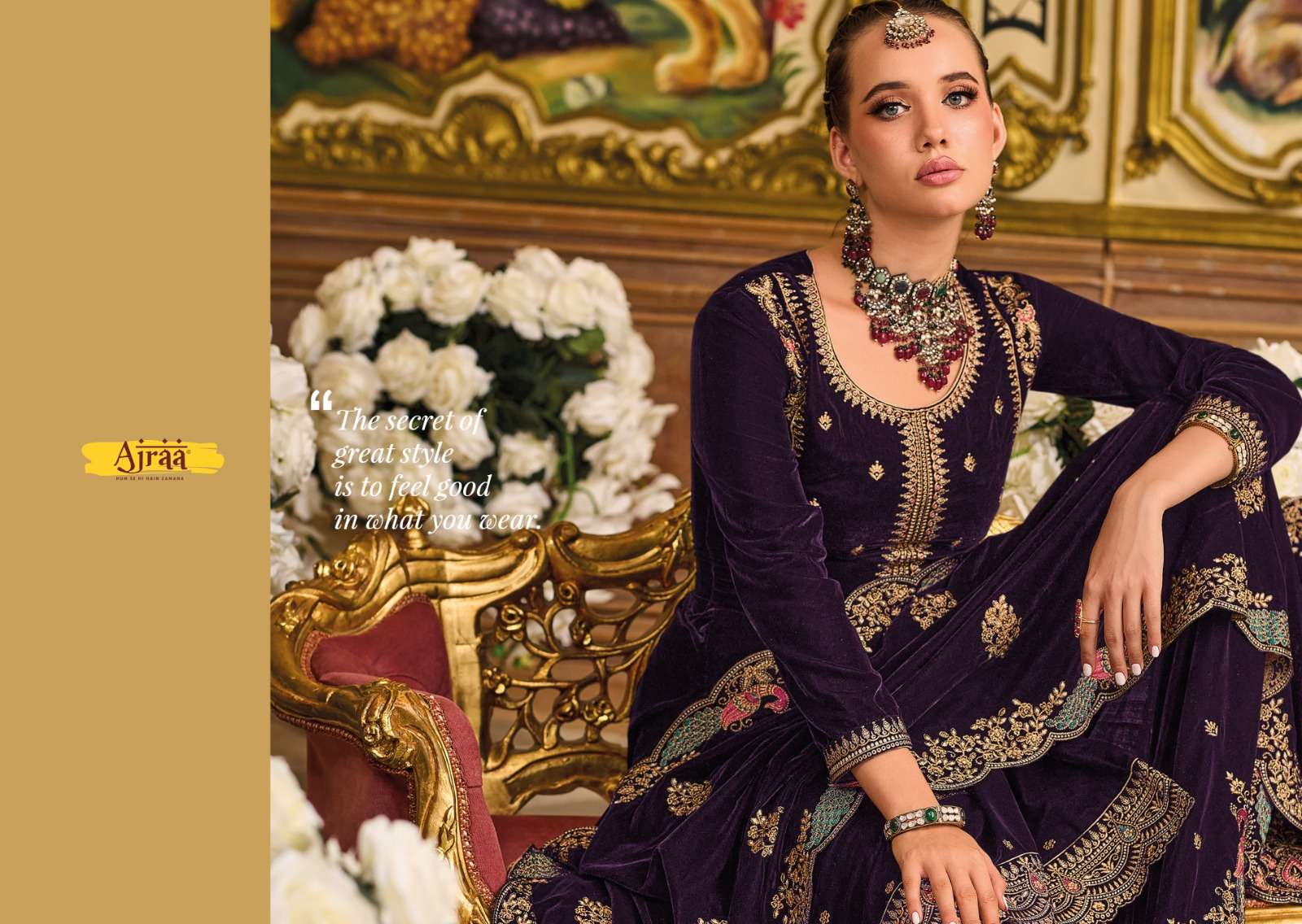 Ajraa Morni Velvet Pashmina Salwar Kameez Wholesale catalog