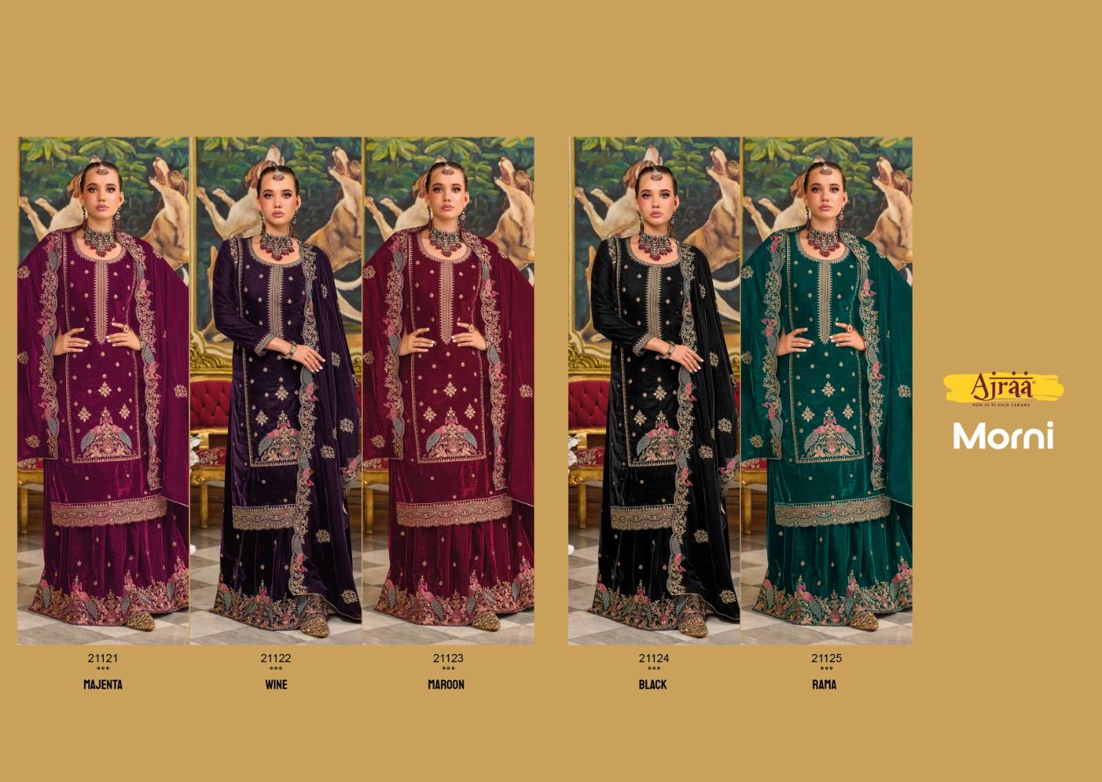 Ajraa Morni Velvet Pashmina Salwar Kameez Wholesale catalog