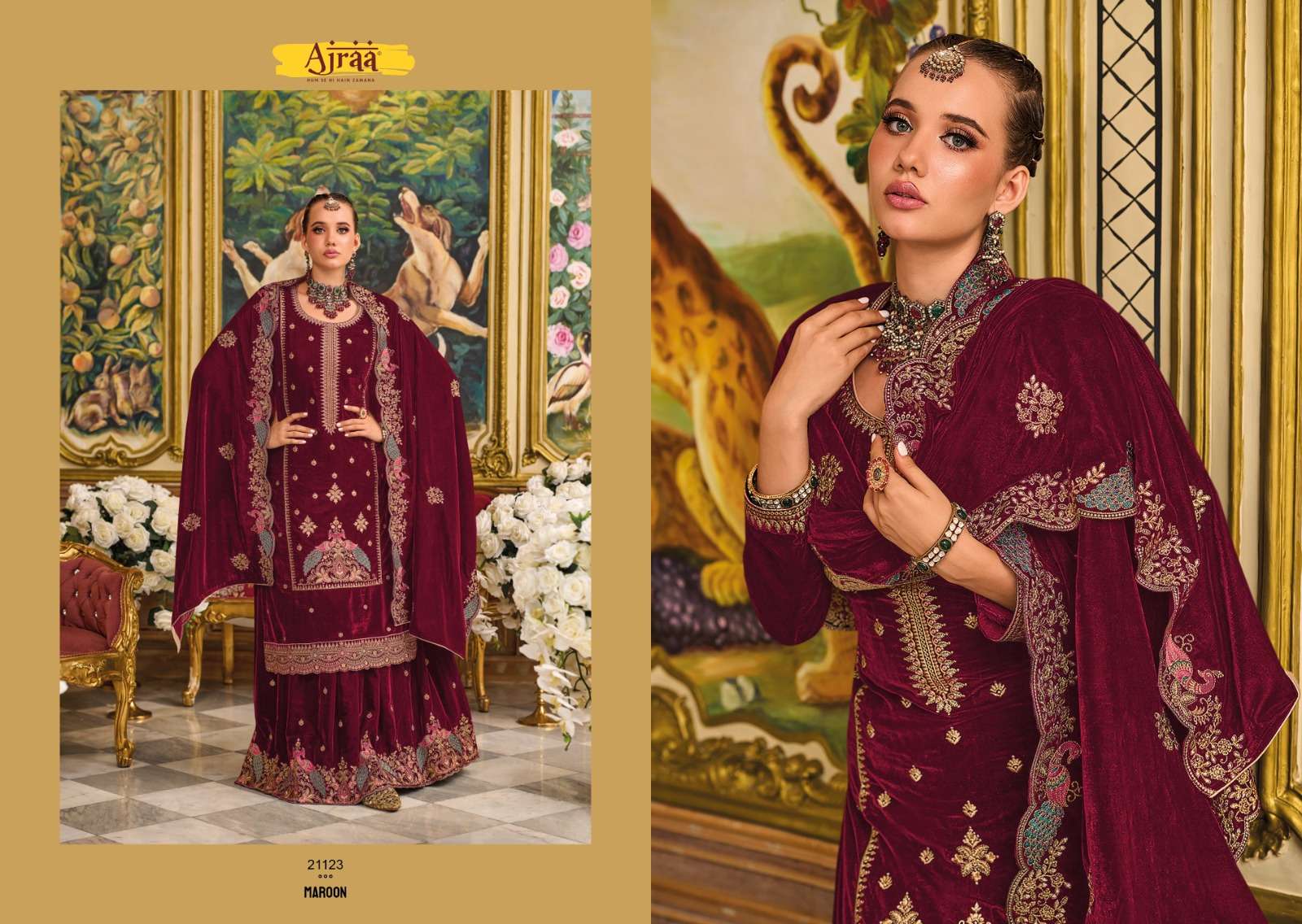 Ajraa Morni Velvet Pashmina Salwar Kameez Wholesale catalog