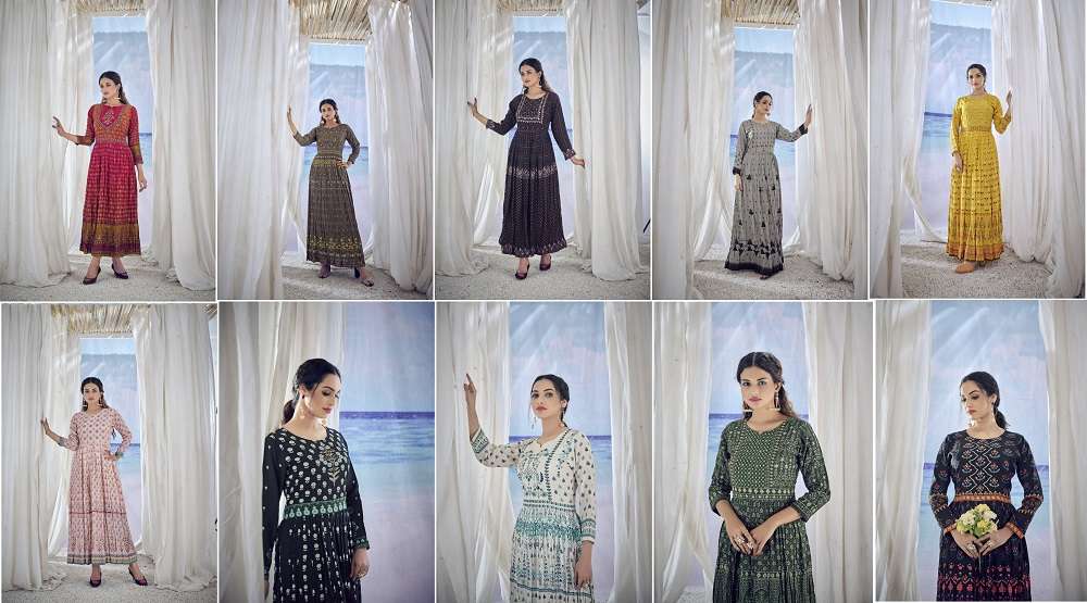 Amoha Trendz Kig Pure Viscose Muslin Long Kurti Gowns Wholesale catalog
