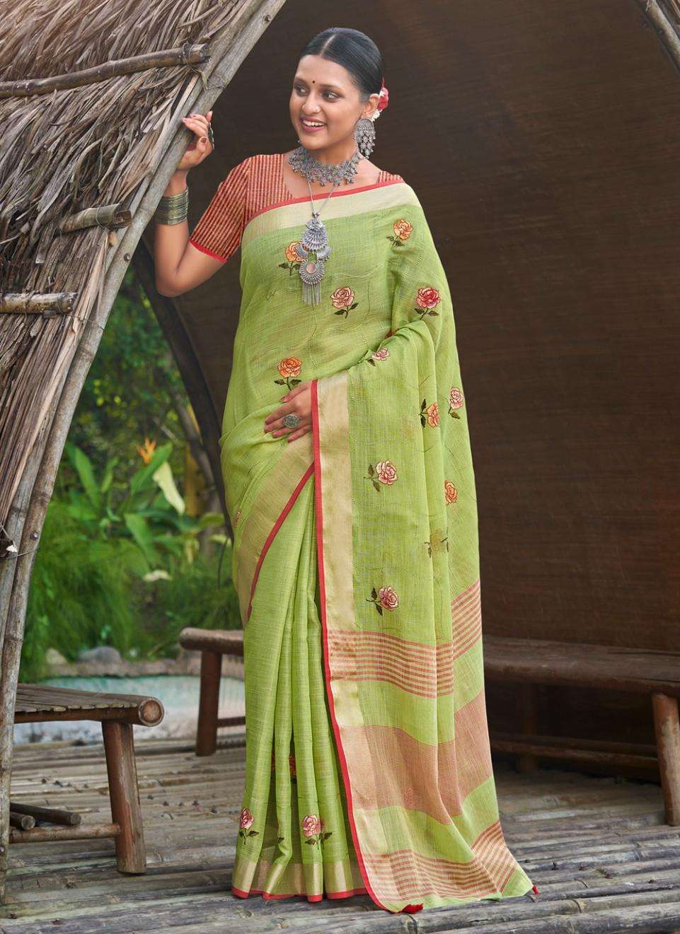 BUNAWAT LINEN WEAVES Embroidery Work Saree Wholesale catalog