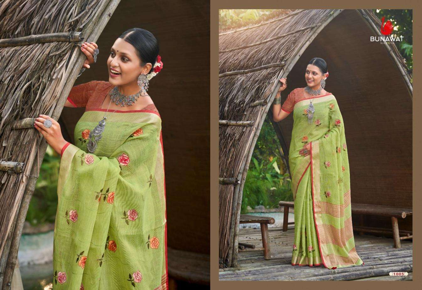 BUNAWAT LINEN WEAVES Embroidery Work Saree Wholesale catalog