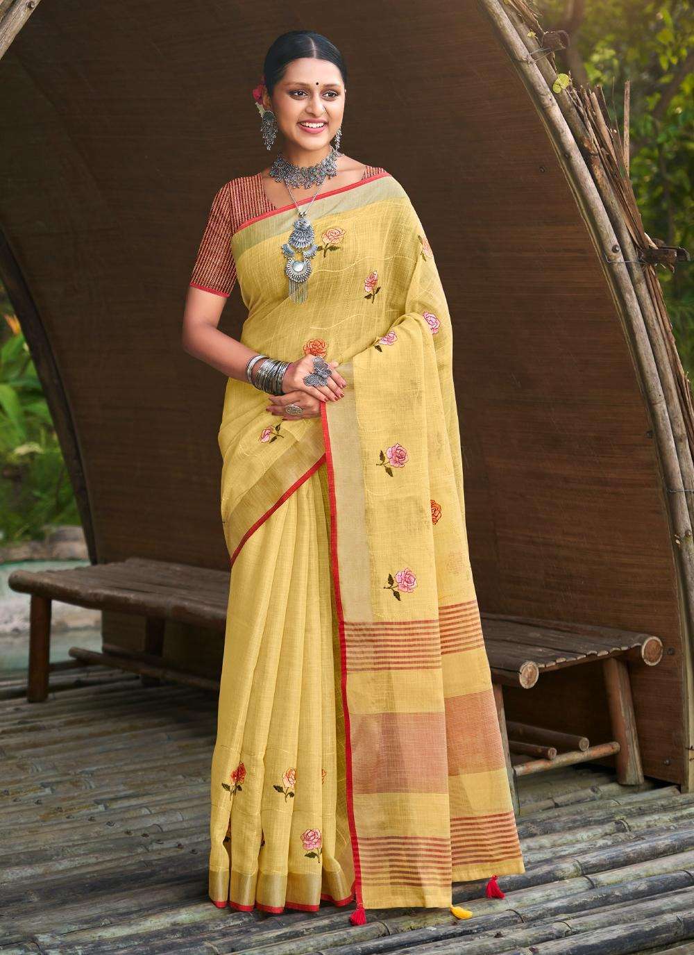 BUNAWAT LINEN WEAVES Embroidery Work Saree Wholesale catalog