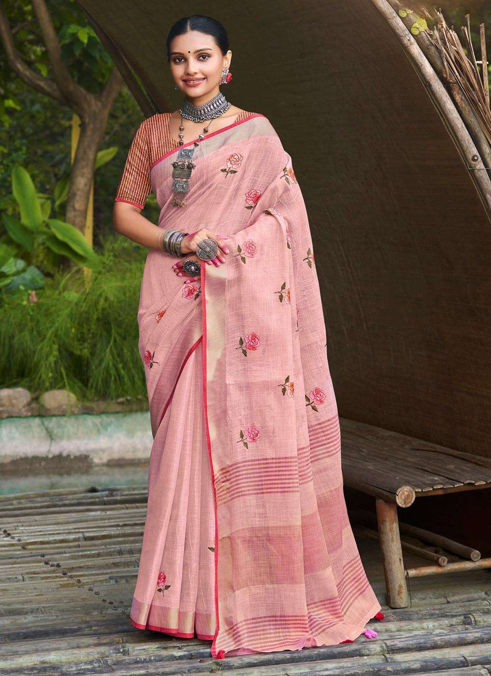 BUNAWAT LINEN WEAVES Embroidery Work Saree Wholesale catalog