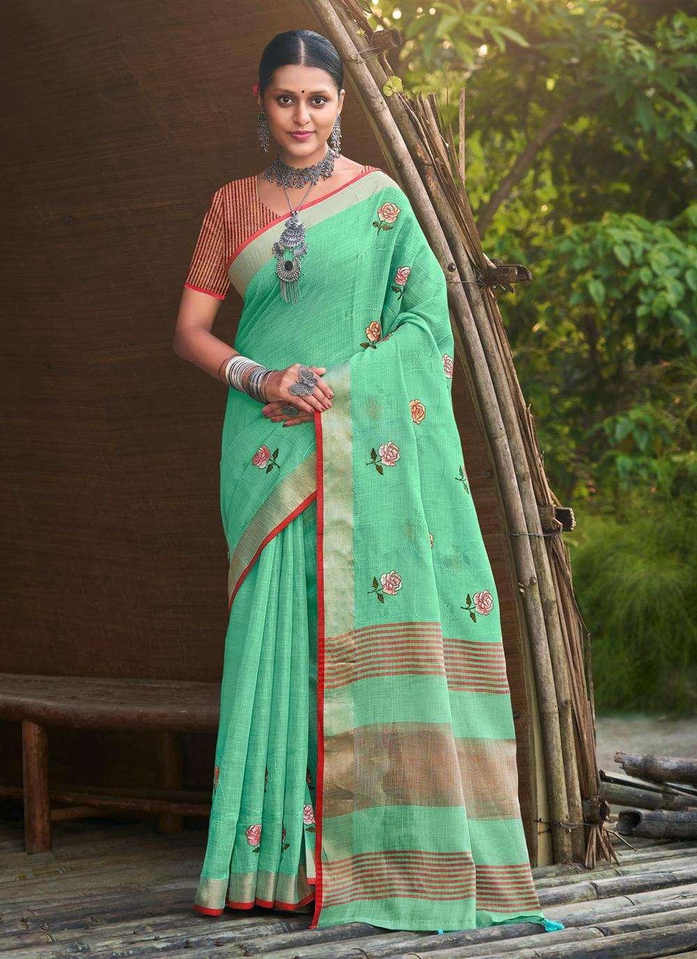 BUNAWAT LINEN WEAVES Embroidery Work Saree Wholesale catalog
